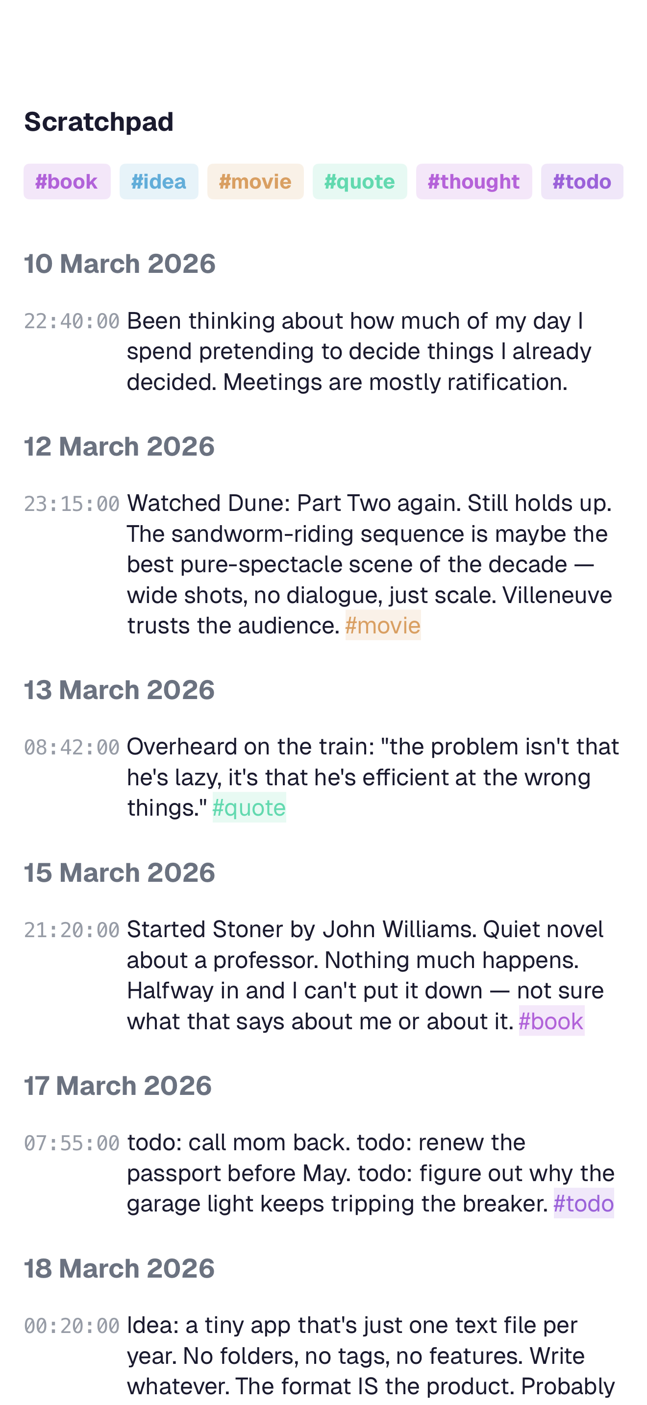 A notes app showing an existing note being appended to rather than creating a new one.