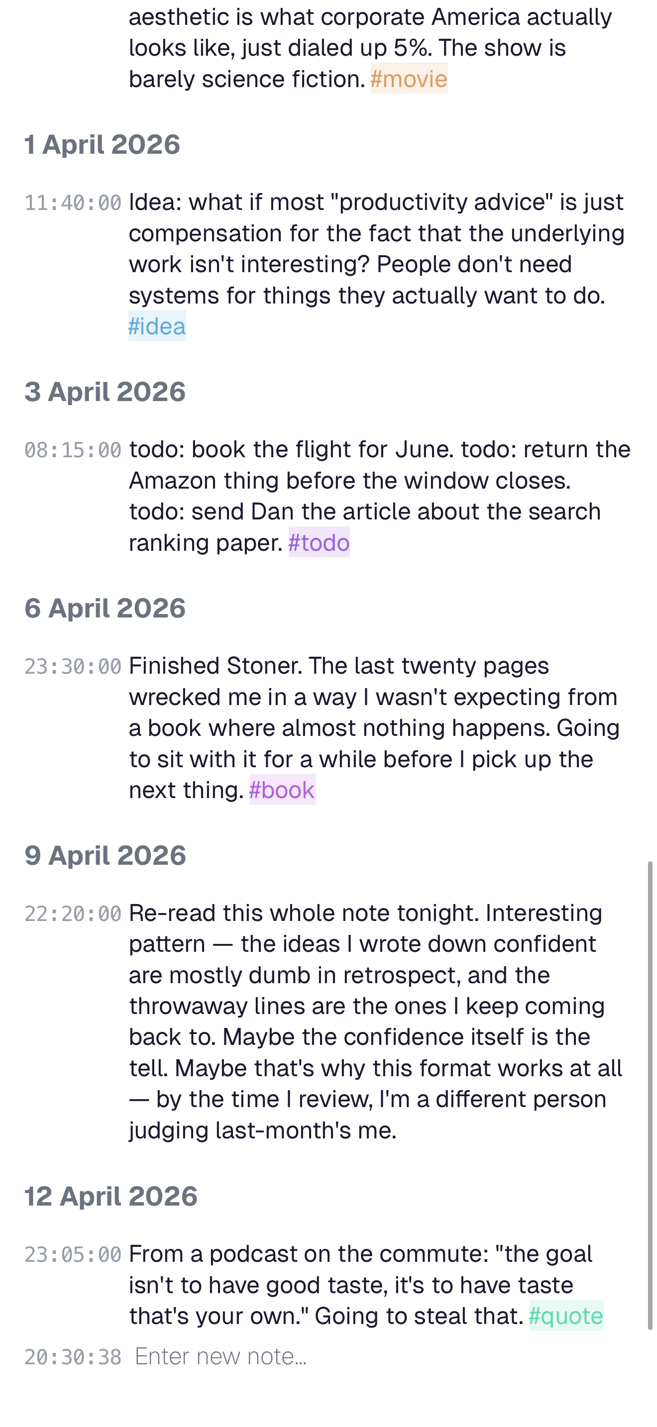 A notes app during a weekly review, with sections being reorganized and decisions promoted.